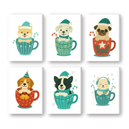 6 Mini Paintings - Dogs in Christmas Cups Set
