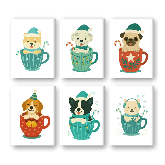 6 Mini Paintings - Dogs in Christmas Cups Set