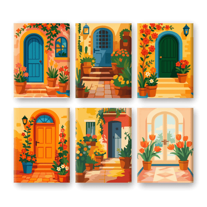 6 Mini Paintings - Flowers & Doors Set