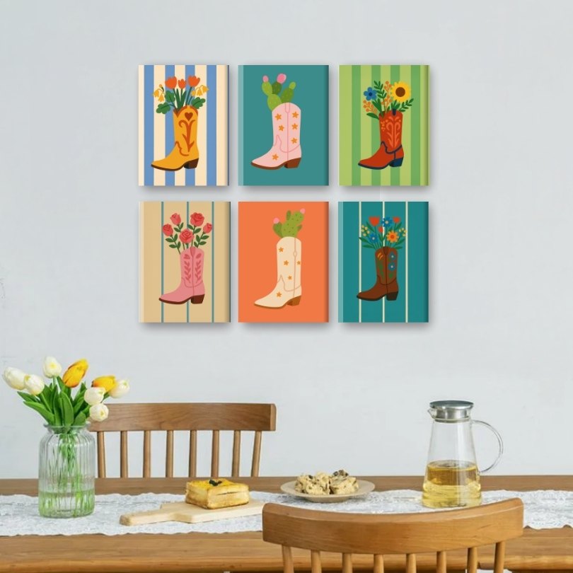 6 Mini Paintings - Flowers in Boots Set