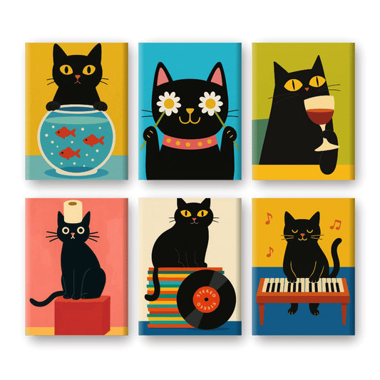 6 Mini Paintings - Funny Black Cat Set