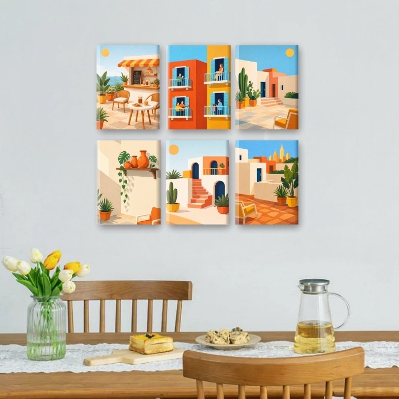6 Mini Paintings - Mediterranean Village Set