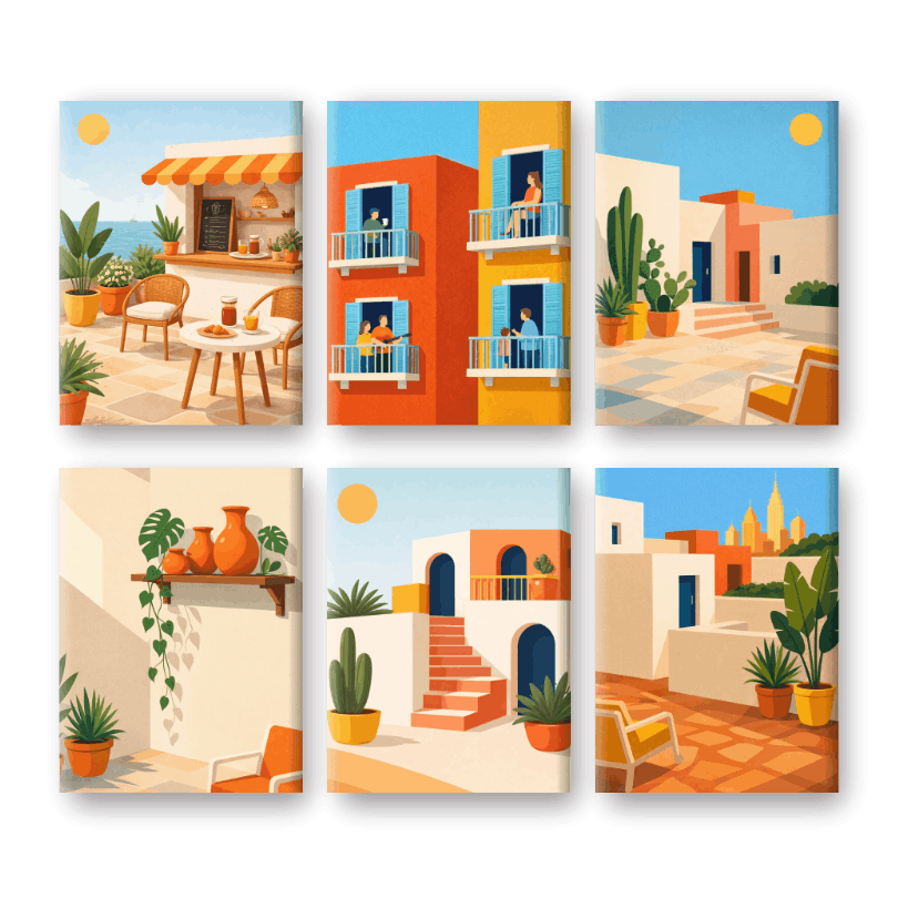 6 Mini Paintings - Mediterranean Village Set