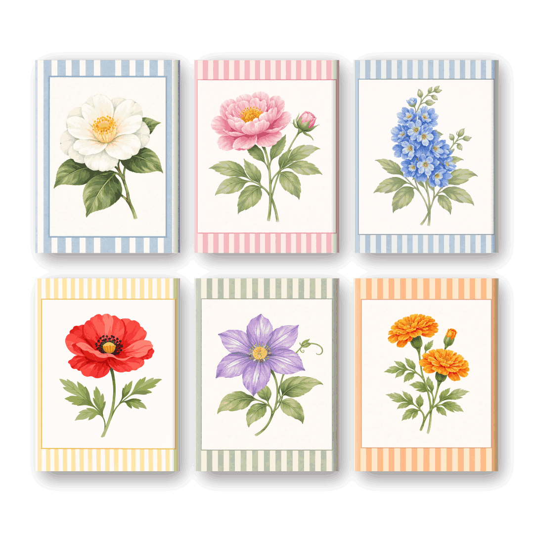 6 Mini Paintings - Striped Flower Set