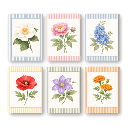6 Mini Paintings - Striped Flower Set
