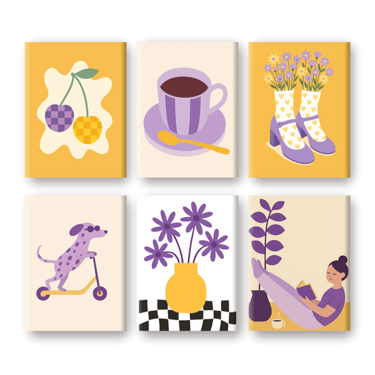 6 Mini Paintings - Yellow and Purple Vibes Set