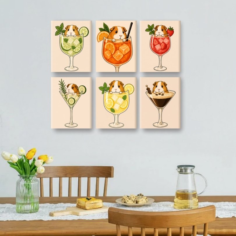 6 Mini Paintings - Guinea Pig in Cocktails Set