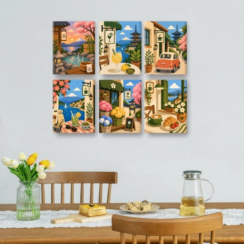 6 Mini Paintings - Japanese Cafes Set