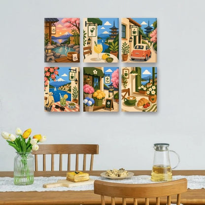 6 Mini Paintings - Japanese Cafes Set