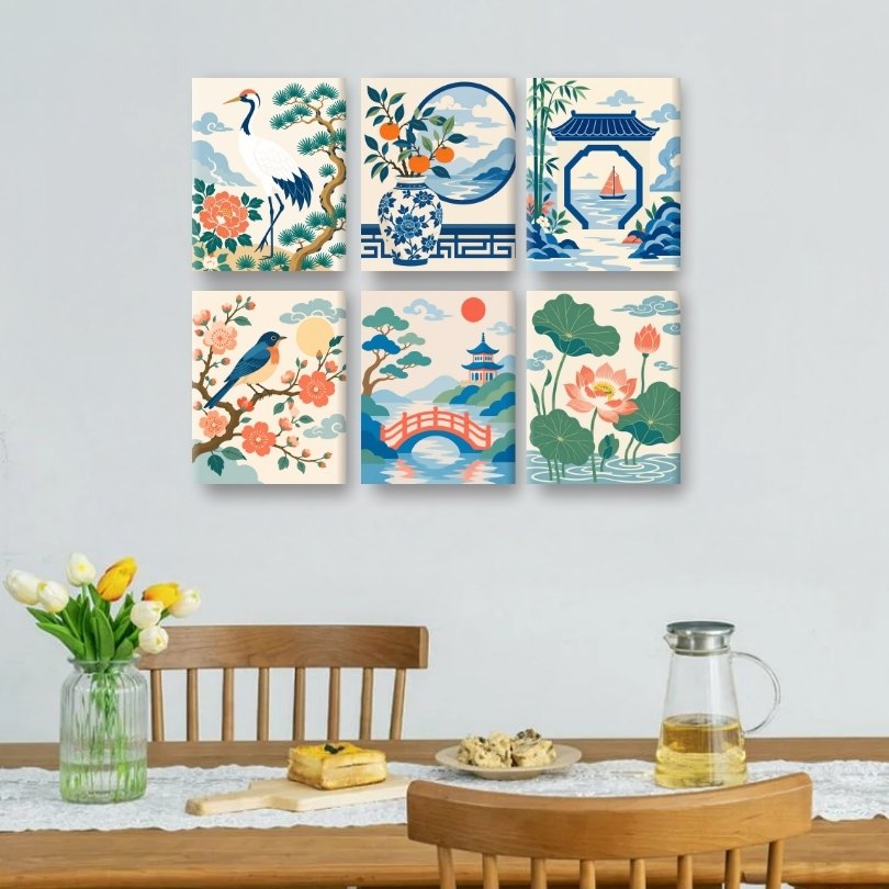 6 Mini Paintings -  Oriental Garden Set