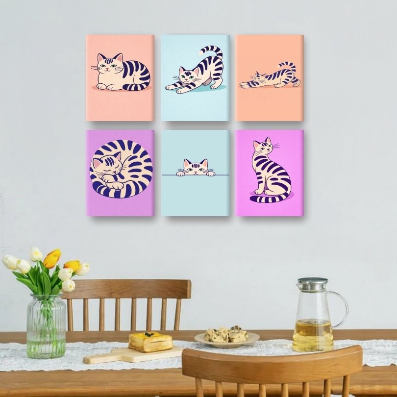 6 Mini Paintings - Playful Cats Set
