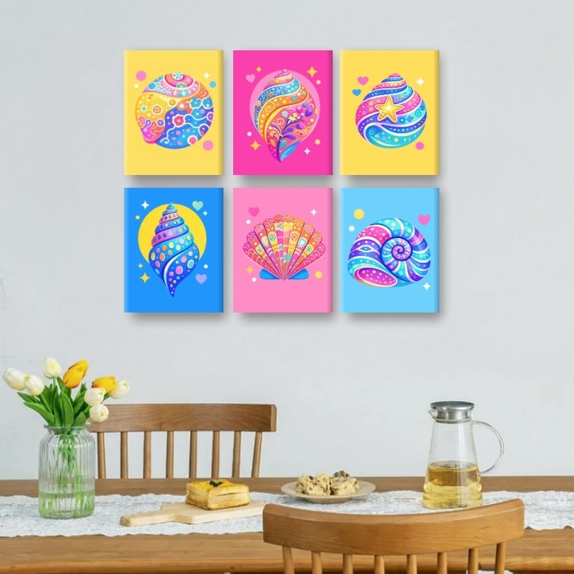 6 Mini Paintings - Colorful Seashells Set