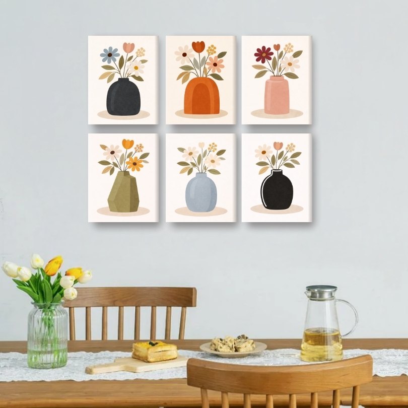 6 Mini Paintings - Colorful Flower Vases Set