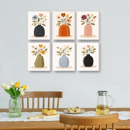6 Mini Paintings - Colorful Flower Vases Set