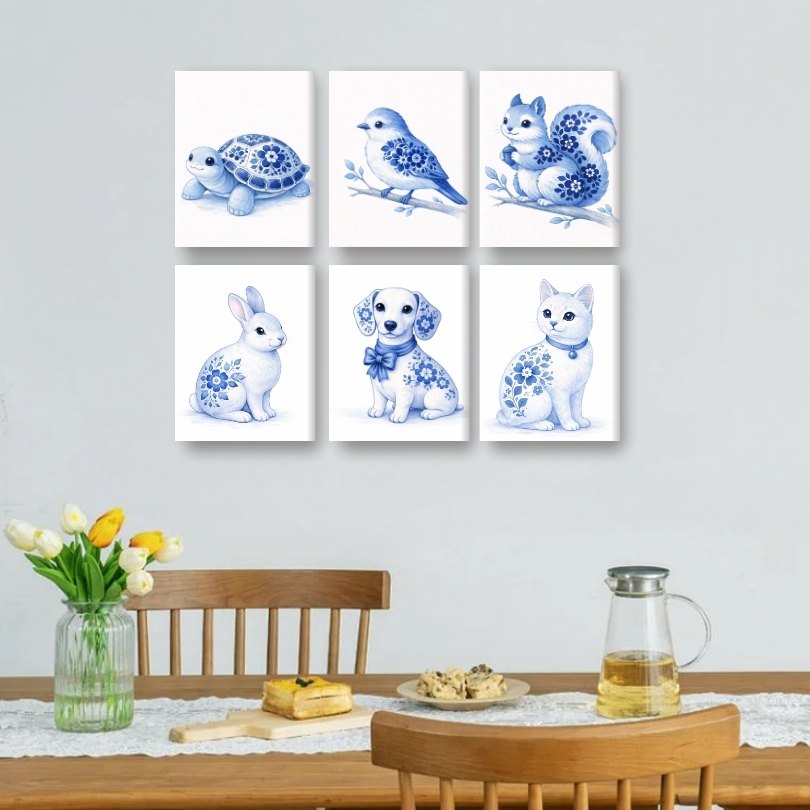 6 Mini Paintings - Delft Blue Animals Set