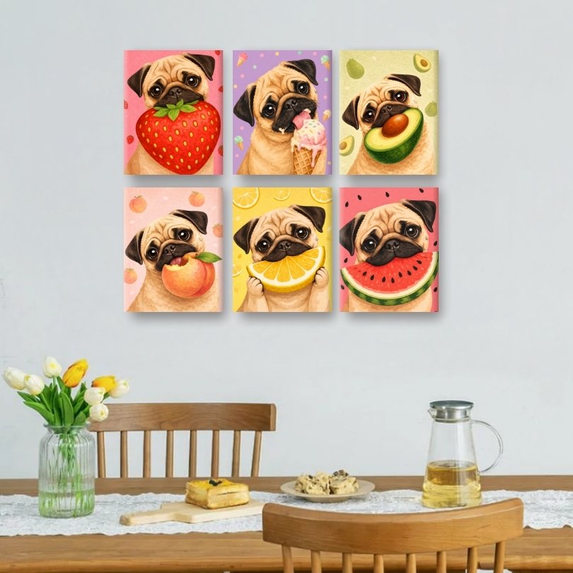 6 Mini Paintings - Dog & Fruit Set