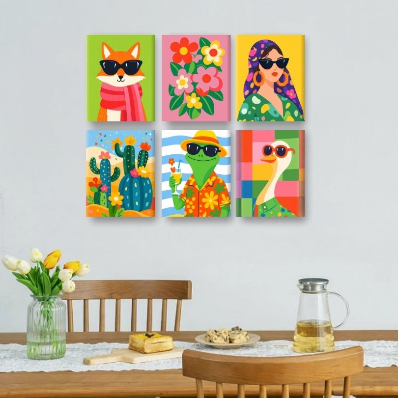 6 Mini Paintings - Colorful Friends Set