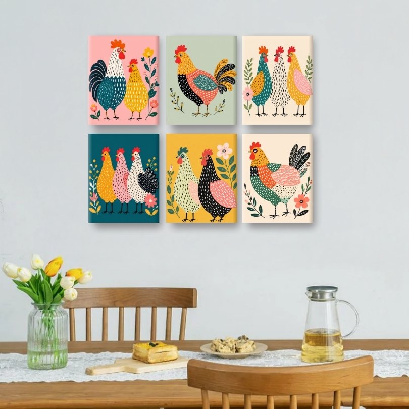 6 Mini Paintings -  Happy Hens Set