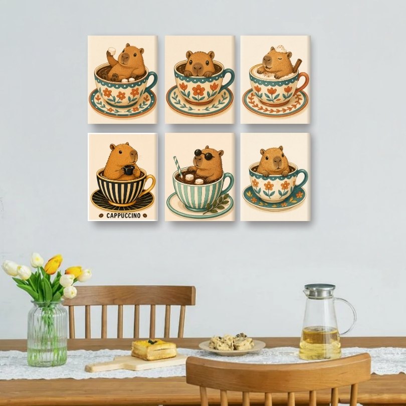 6 Mini Paintings - Capybaras in Cups Set