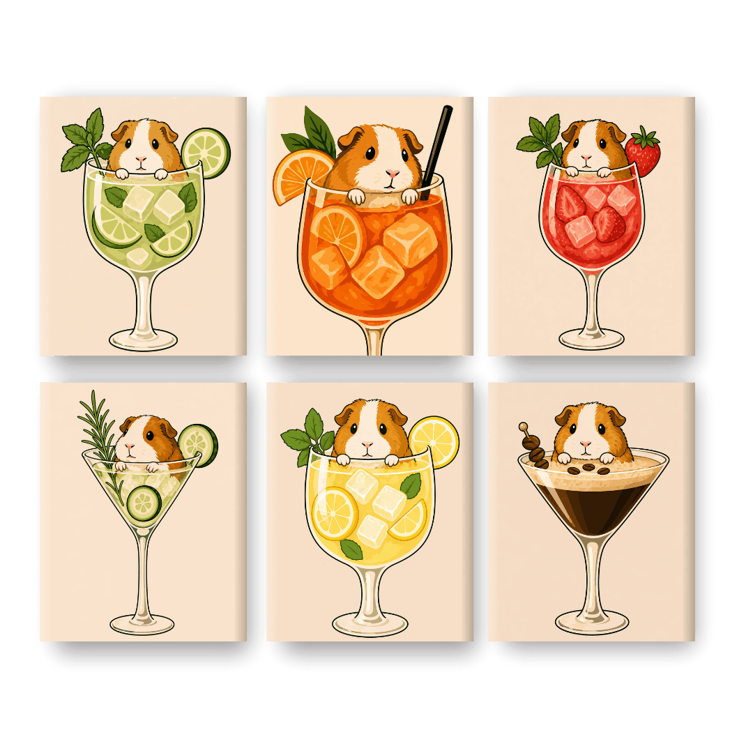 6 Mini Paintings - Guinea Pig in Cocktails Set
