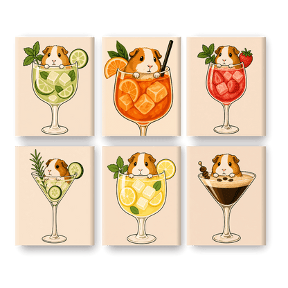 6 Mini Paintings - Guinea Pig in Cocktails Set