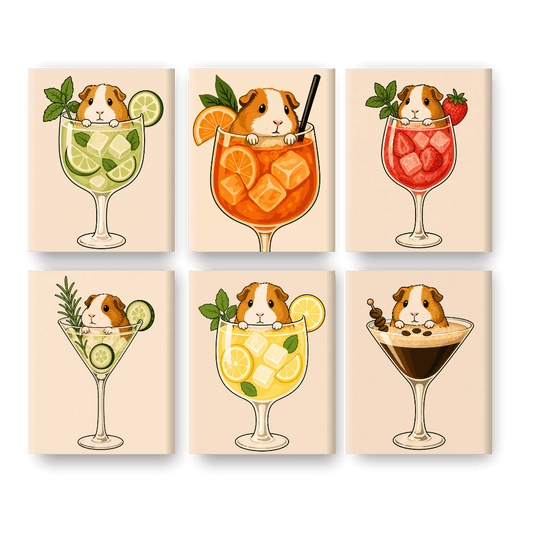 6 Mini Paintings - Guinea Pig in Cocktails Set
