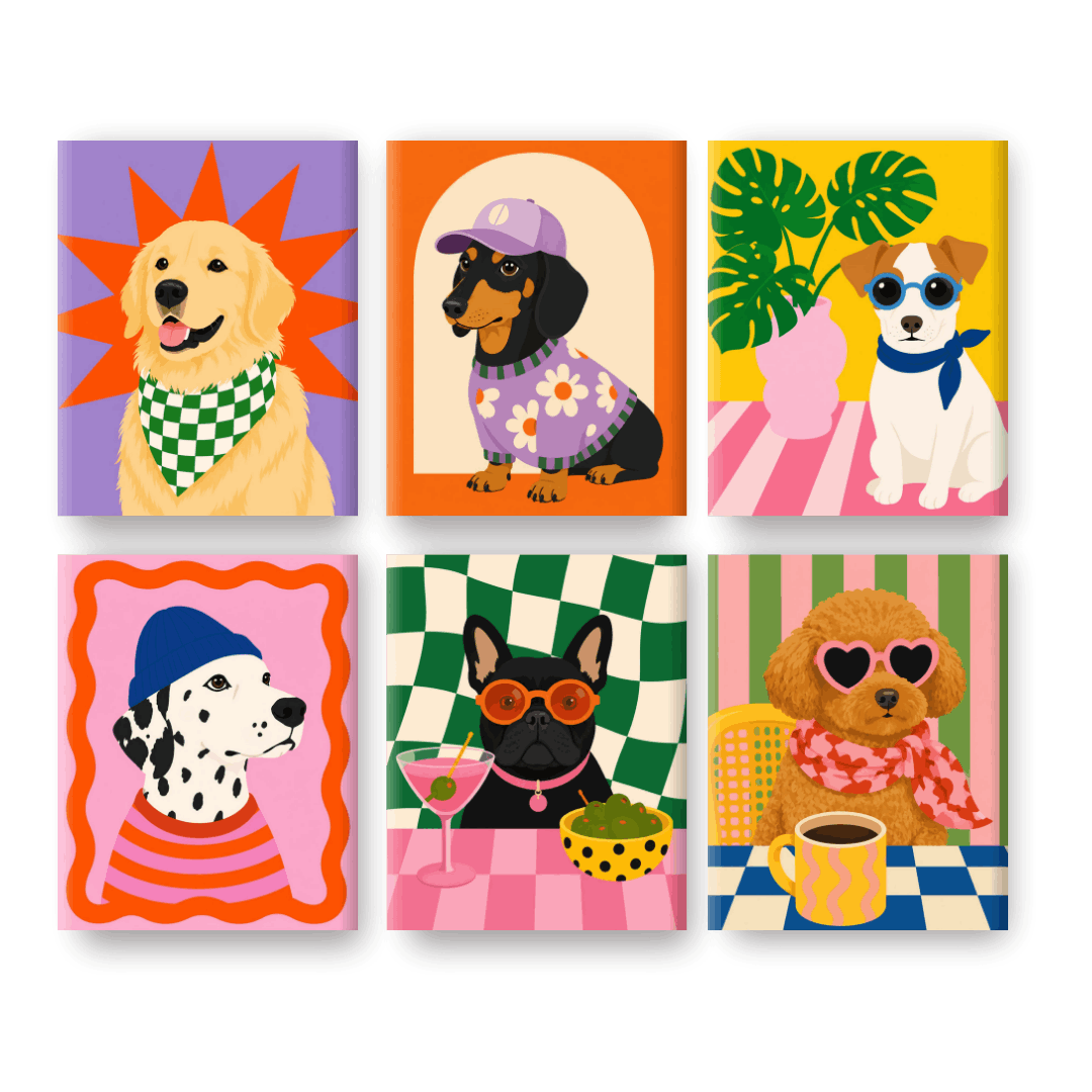 6 Mini Paintings - Fancy Pups Set