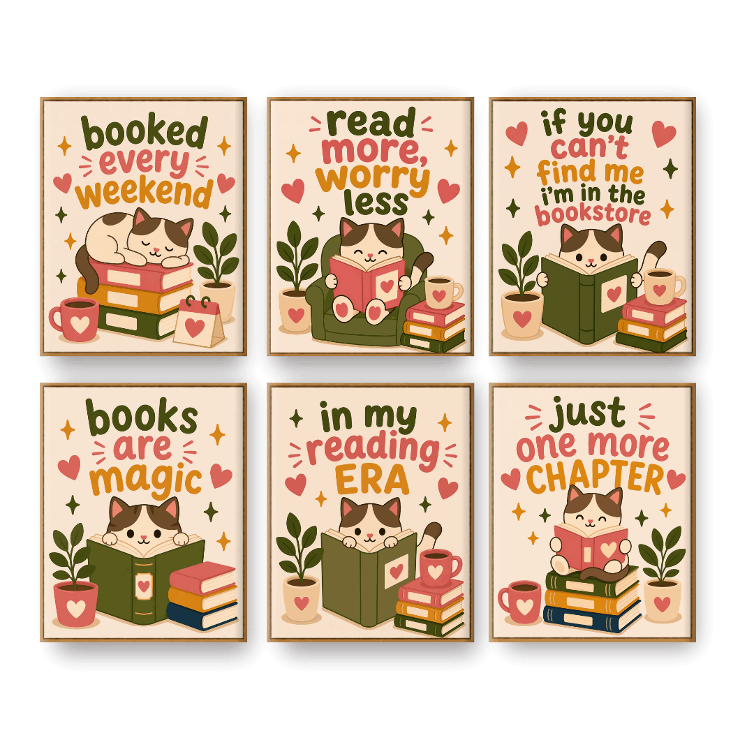 6 Mini Paintings - Reading Cat Set