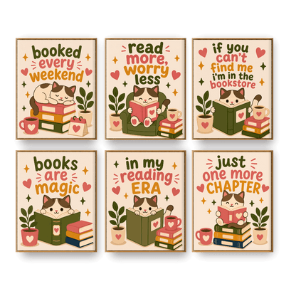6 Mini Paintings - Reading Cat Set
