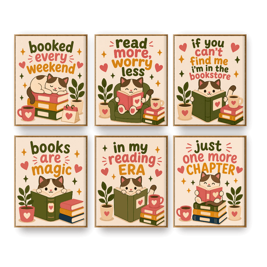 6 Mini Paintings - Reading Cat Set