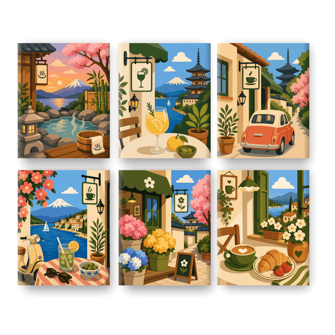 6 Mini Paintings - Japanese Cafes Set