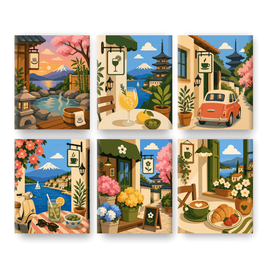6 Mini Paintings - Japanese Cafes Set