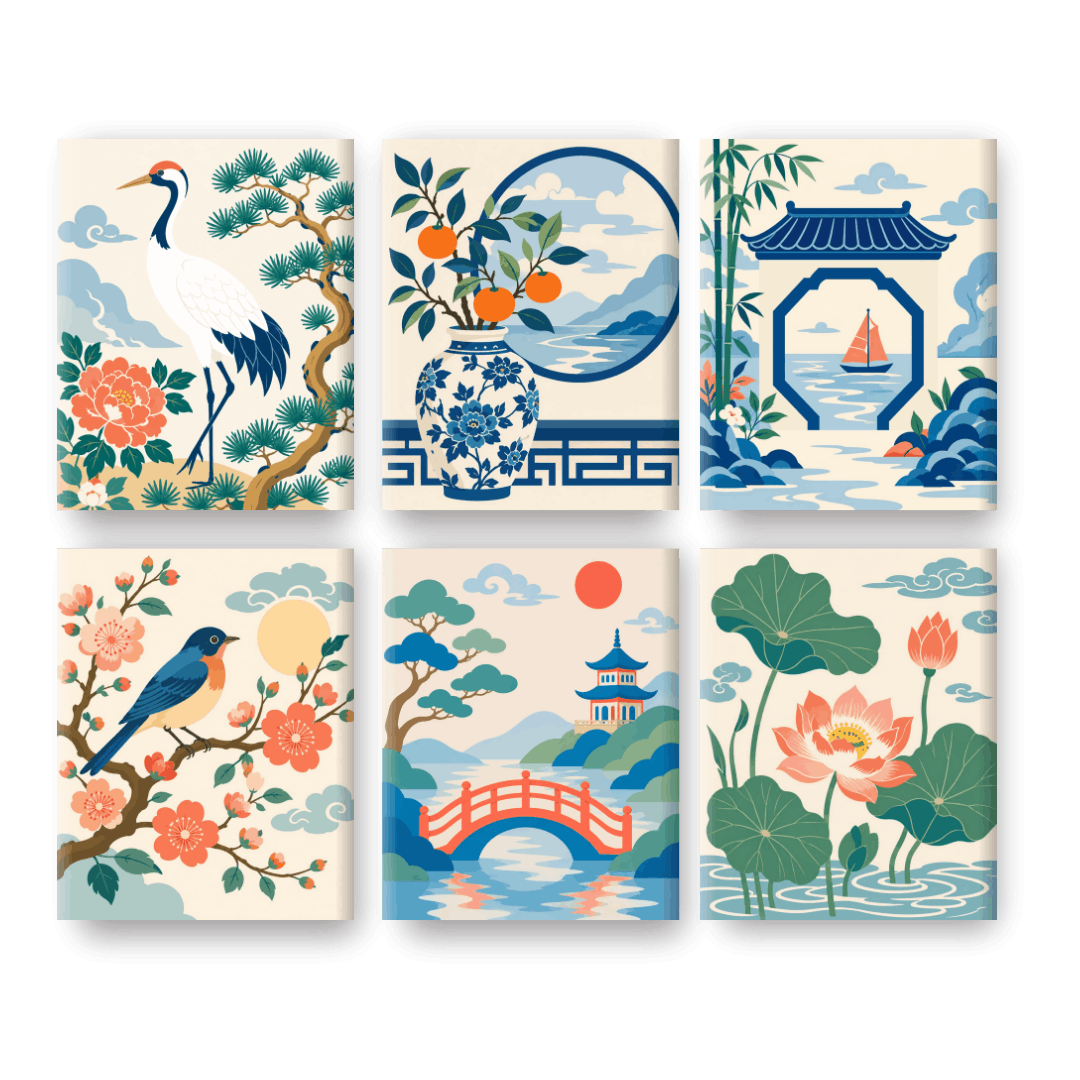 6 Mini Paintings -  Oriental Garden Set