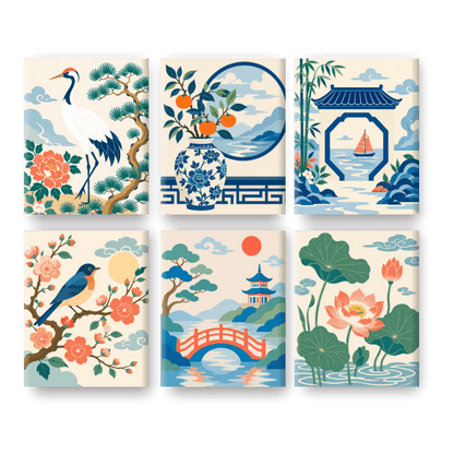 6 Mini Paintings -  Oriental Garden Set