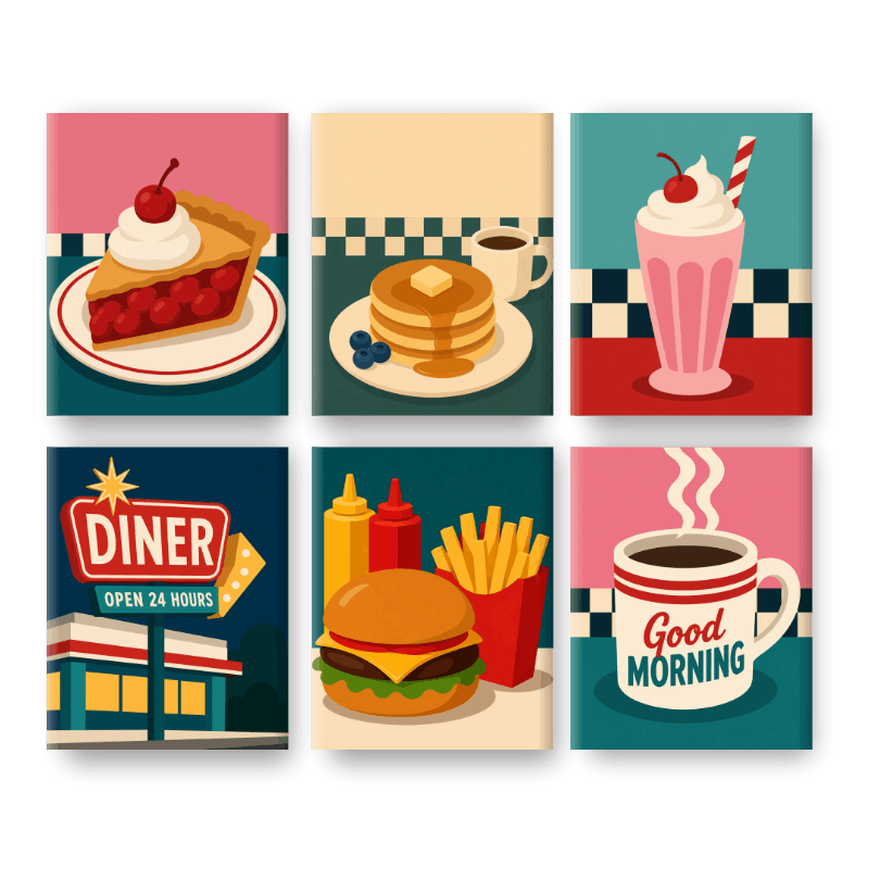6 Mini Paintings - Diner 24-7 Set