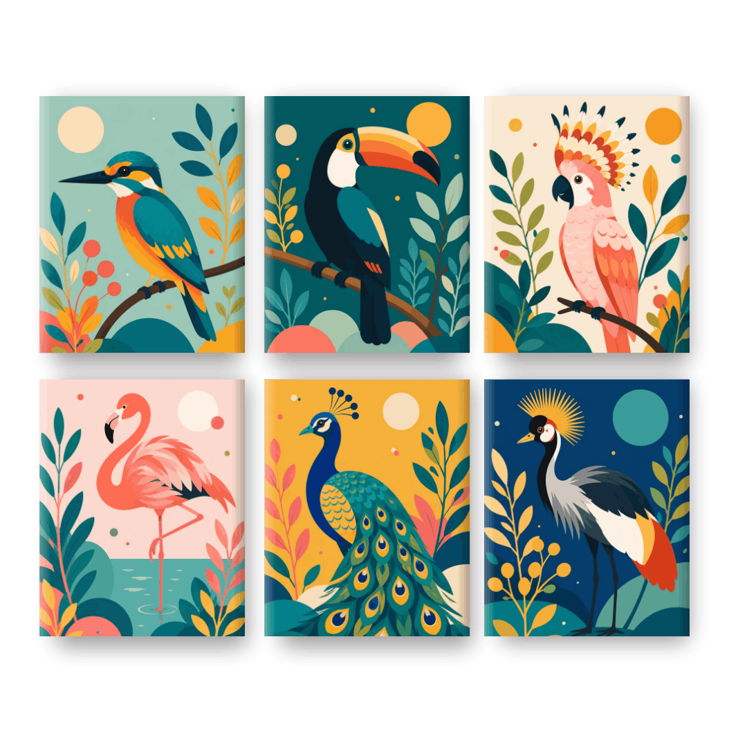 6 Mini Paintings - Exotic Birds Set