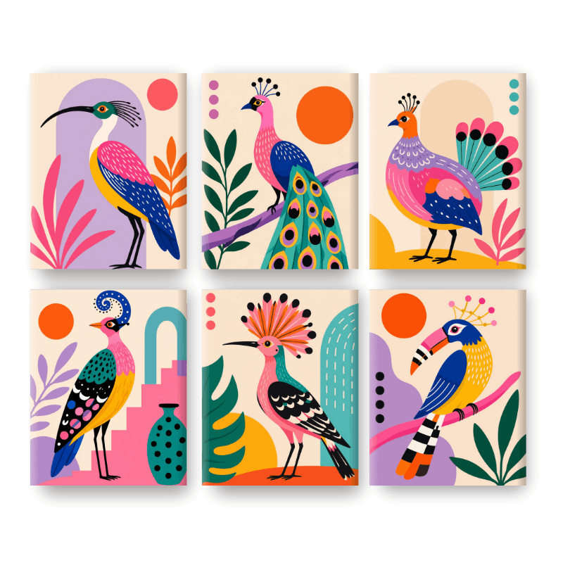 6 Mini Paintings -  Folk Art Birds Set