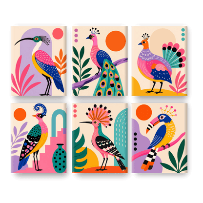 6 Mini Paintings -  Folk Art Birds Set