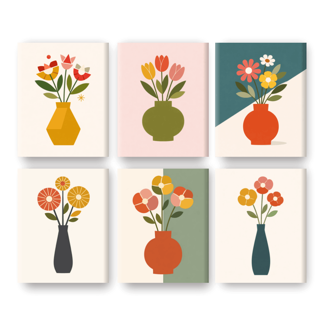 6 Mini Paintings - Elegant Flower Vases Set