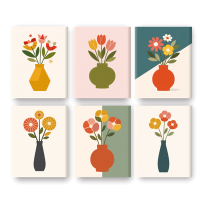 6 Mini Paintings - Elegant Flower Vases Set