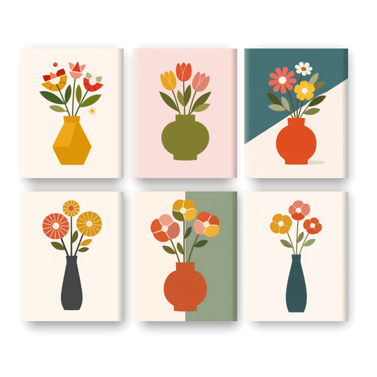 6 Mini Paintings - Elegant Flower Vases Set