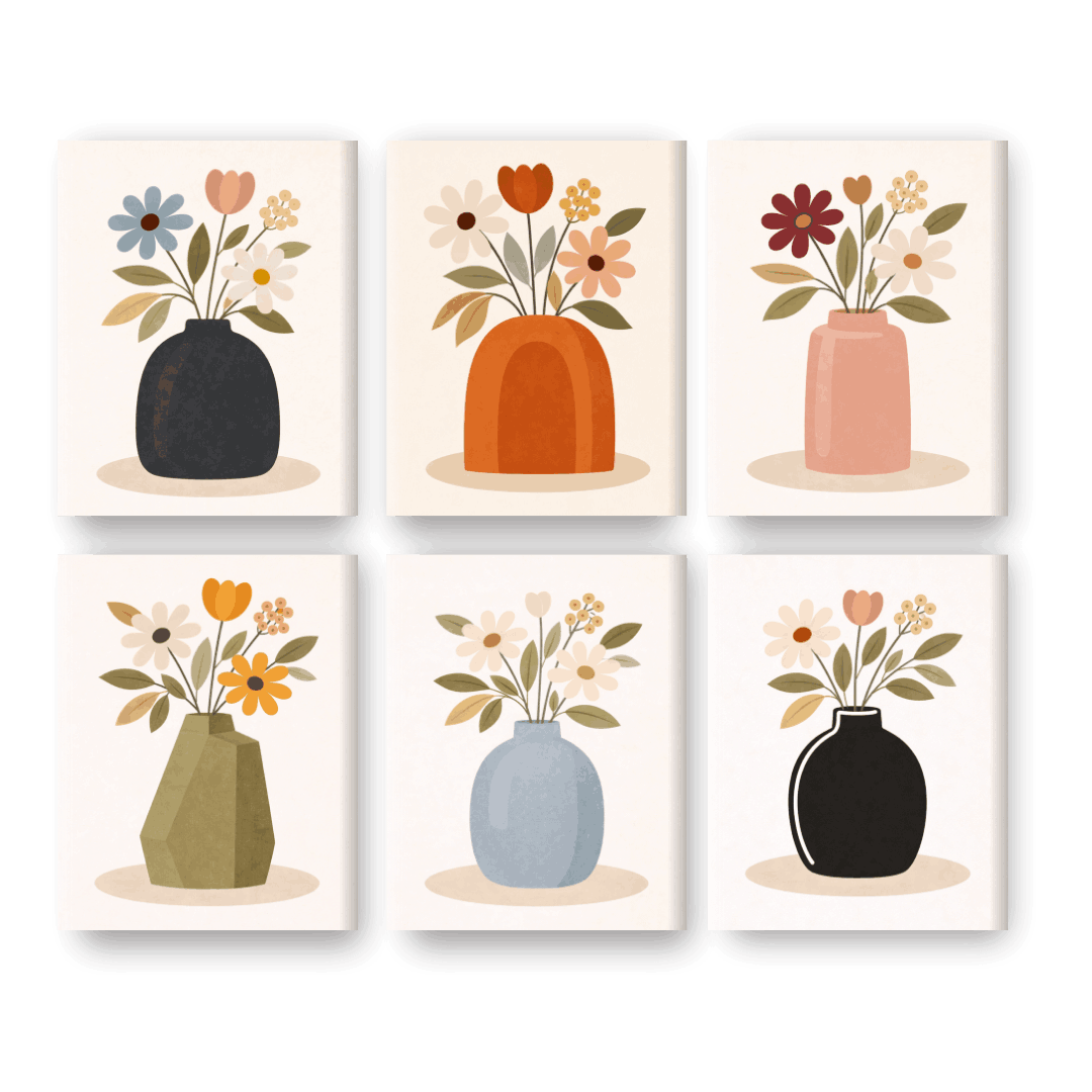 6 Mini Paintings - Colorful Flower Vases Set