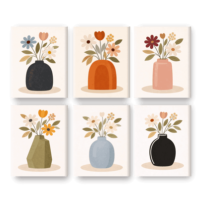 6 Mini Paintings - Colorful Flower Vases Set