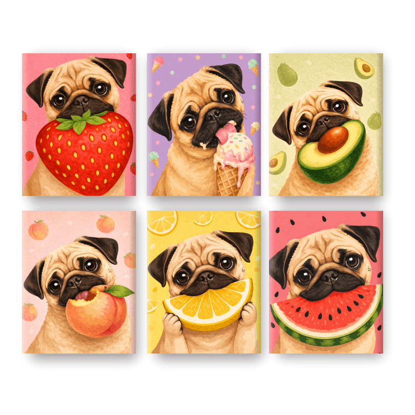6 Mini Paintings - Dog & Fruit Set