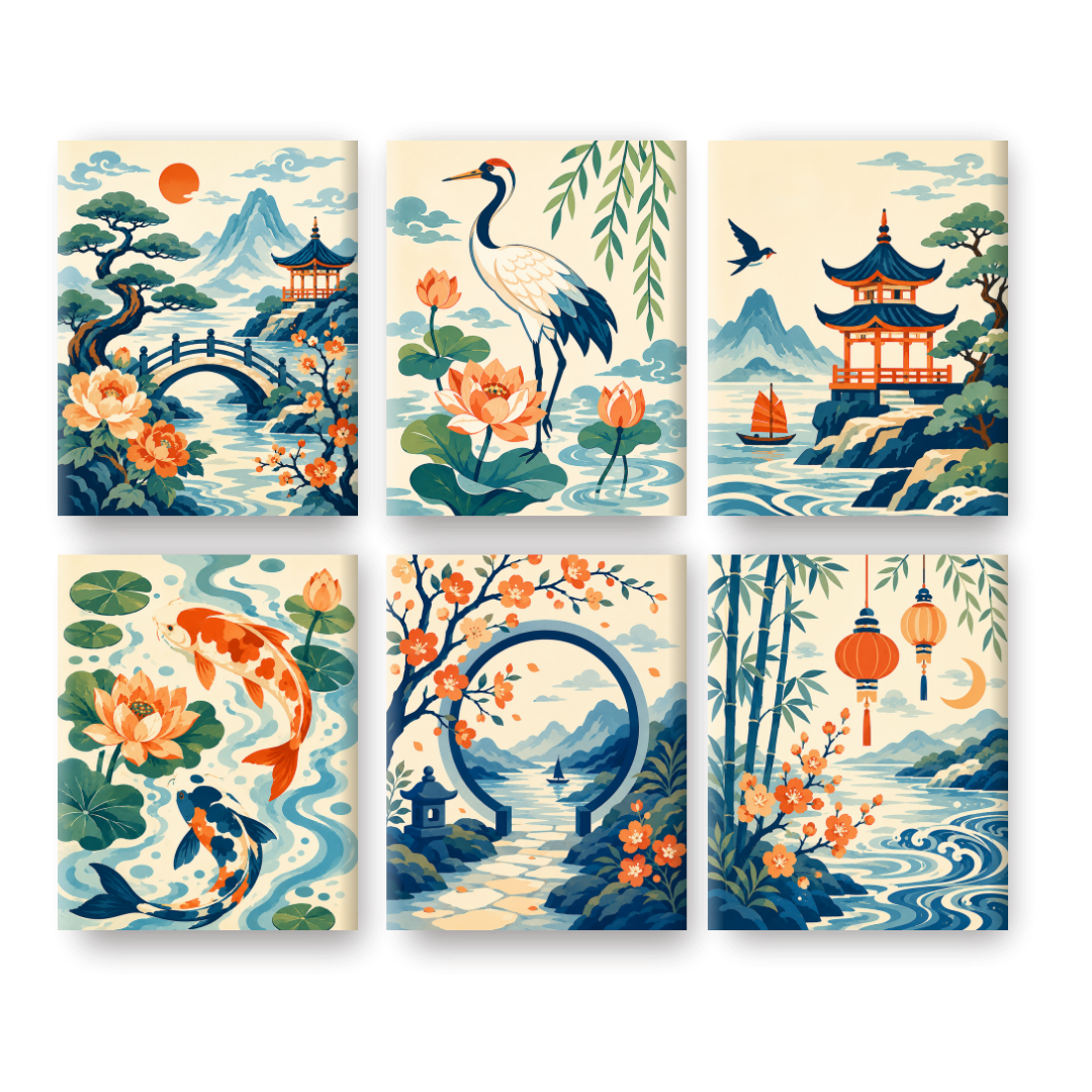 6 Mini Paintings - Chinese Lanterns Set