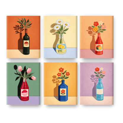 6 Mini Paintings - Blooming Bottles Set