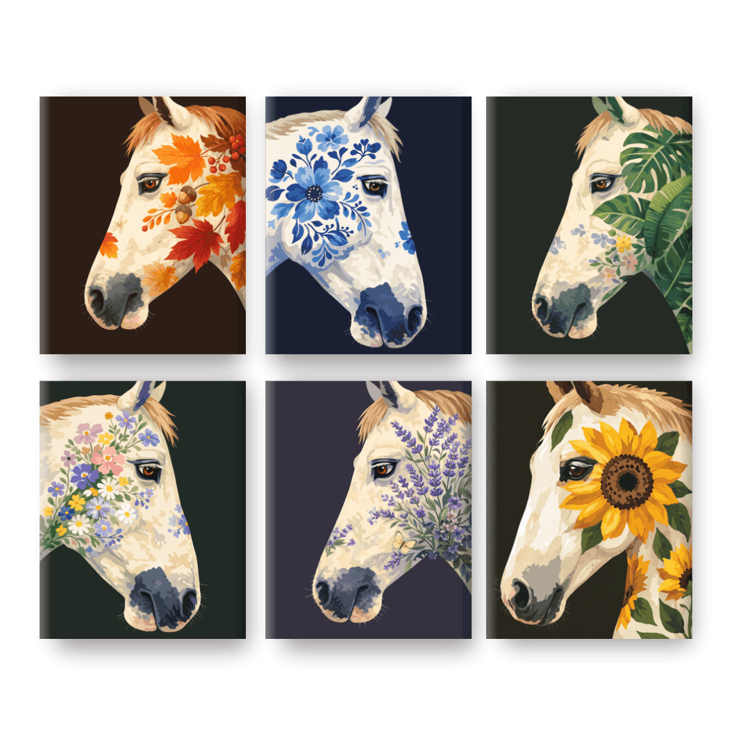 6 Mini Paintings - Flower Horses Set