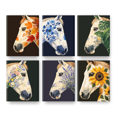 6 Mini Paintings - Flower Horses Set