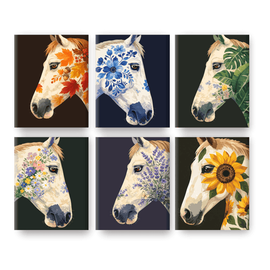 6 Mini Paintings - Flower Horses Set
