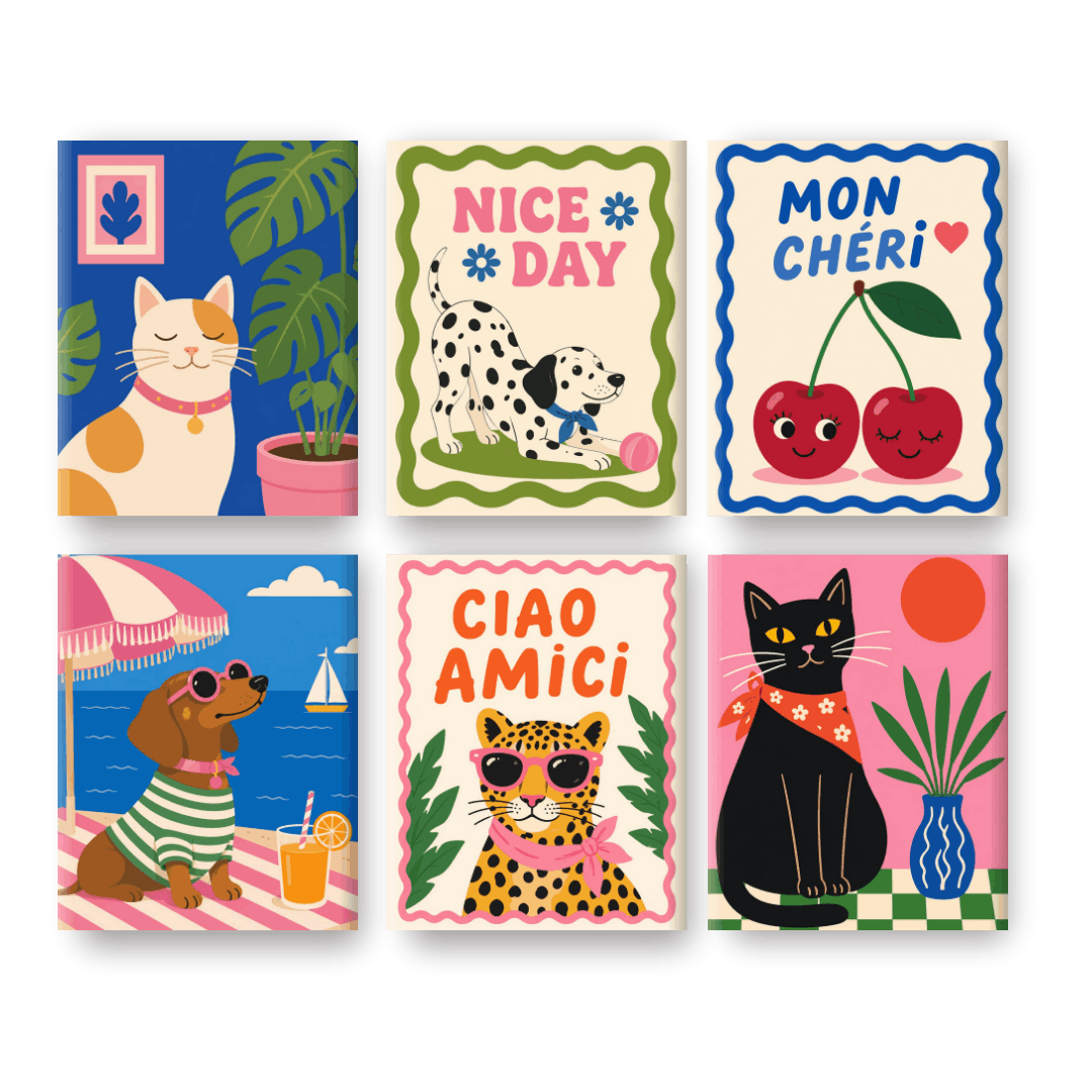 6 Mini Paintings - Chic Cats & Dogs Set